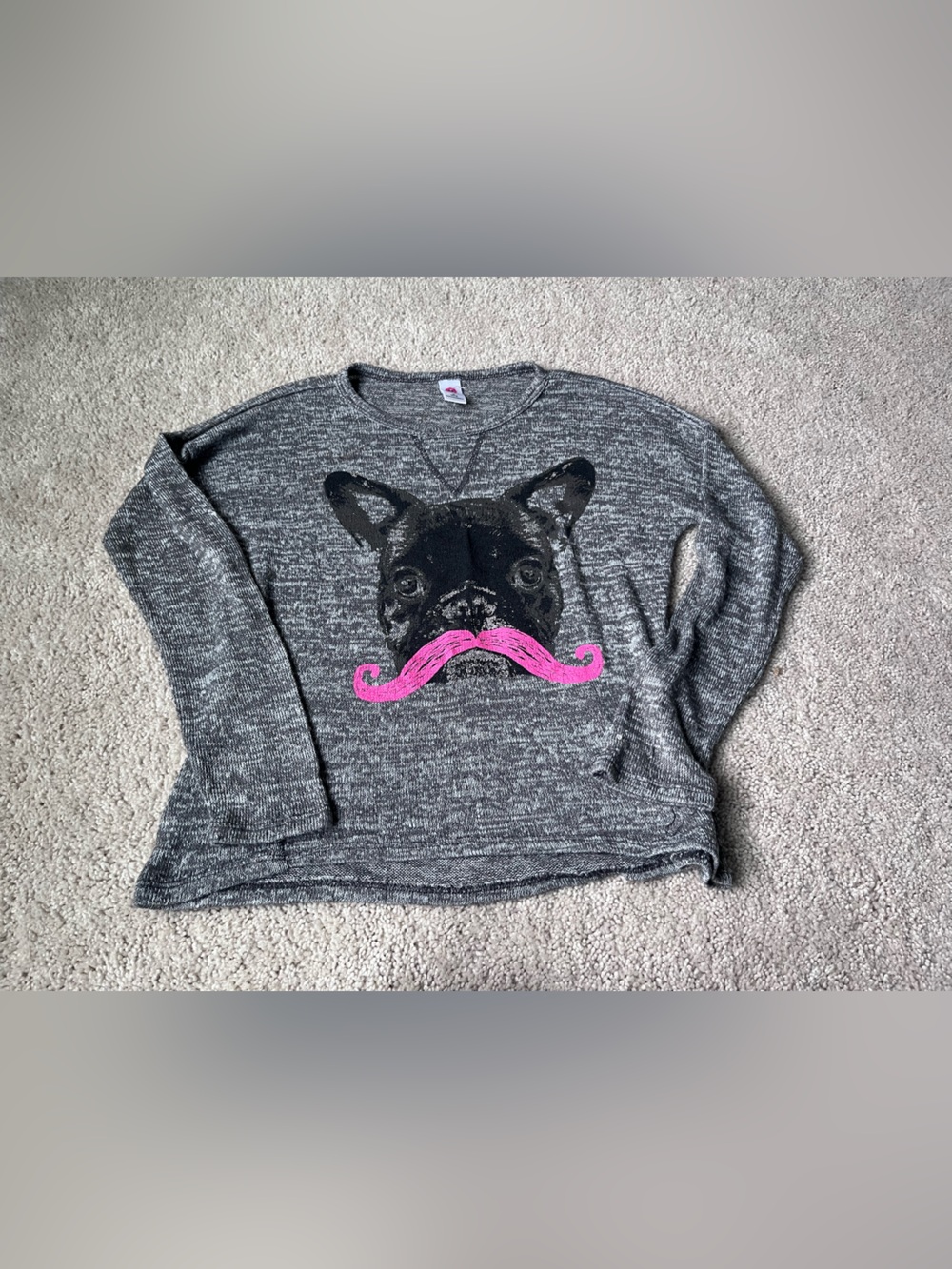 Kids Gray Pullover with Pink Mustache Dog Graphic